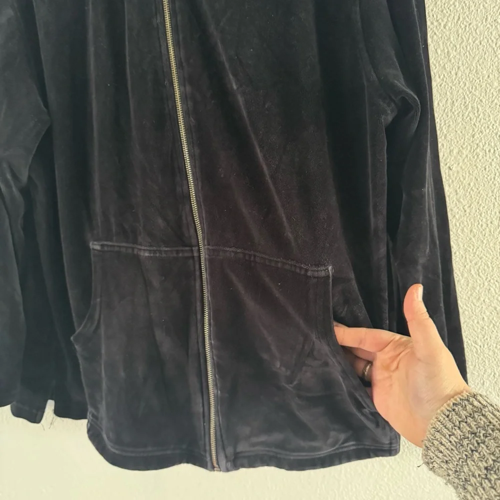 Y2K Velour Zip Up Hoodie Large Black Loungewear Cozy Athleisure Cotton Couture - Picture 6 of 12